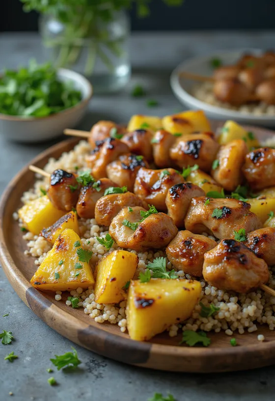 Variațiuni de Kebab Dulce-Acrișor cu carne la grătar, ananas și sos de iaurt