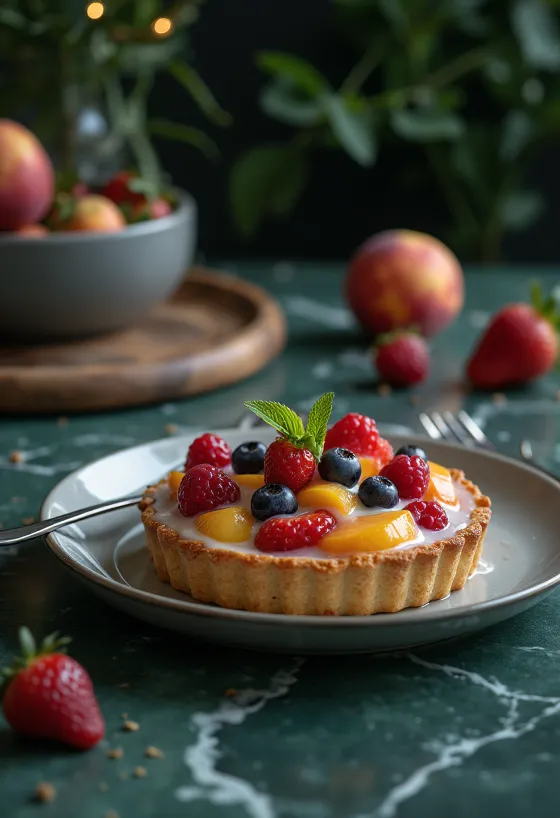 Tort cu fructe proaspete felii decorate cu fructe