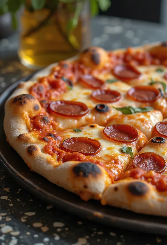 Pizza cu brânză afumată și pepperoni proaspăt coaptă