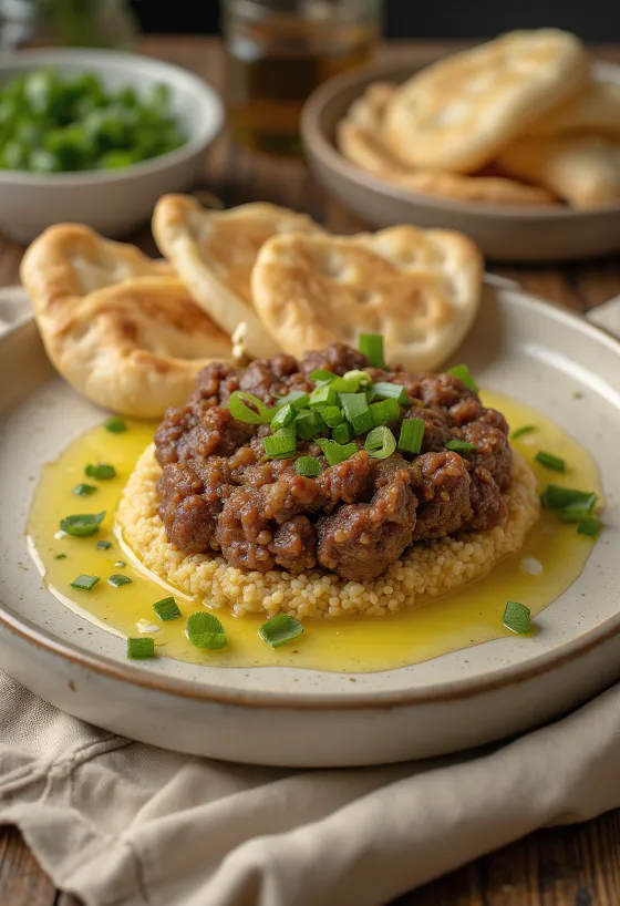 Kibbeh Nayyeh servit cu lipie proaspătă și semințe de rodie