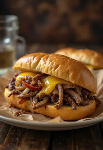 Philly cheesesteak servit cu cartofi prăjiți și salată