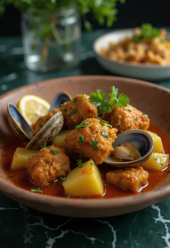 Carne de porco à Alentejana mâncare portugheză servită