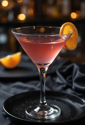 Cocktail Cosmopolitan decorat cu coajă de portocală