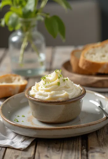 Kajmak de casă cremos servit într-un bol rustic lângă felii de pâine proaspătă