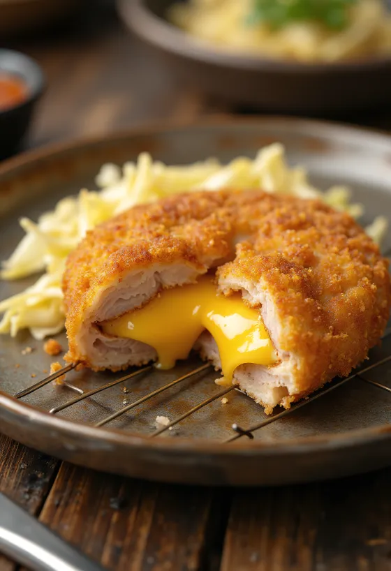 Katsu Cheese, cotlet de porc pane crocant umplut cu brânză, cu sos tonkatsu