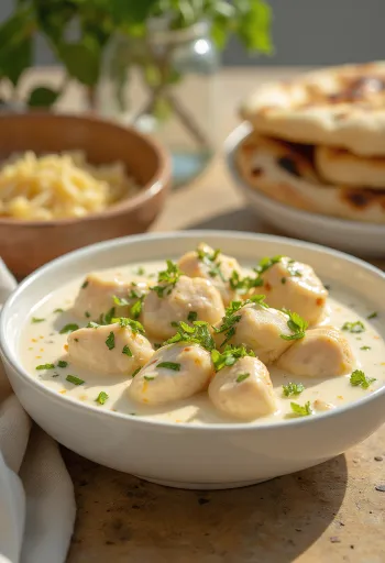 Pui Malai în sos bogat de iaurt și smântână, servit cu coriandru proaspăt