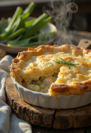Rabbit and leek pie servit într-un vas rustic cu aluat foietaj auriu