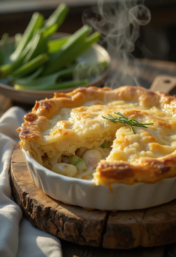 Rabbit and leek pie servit într-un vas rustic cu aluat foietaj auriu