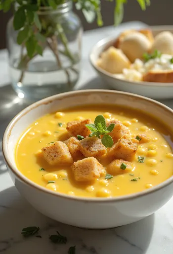 Supă de mazăre galbenă servită cu cârnați afumați și pătrunjel proaspăt