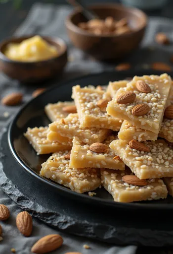 Tilkut cu migdale, feliat proaspăt, cu semințe de susan caramelizate și migdale