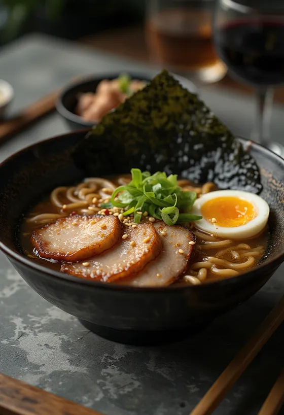 Ramen Tokushima cu supă densă de porc și sos de soia, ou și carne prăjită