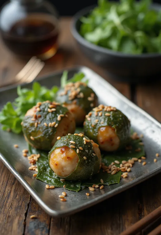 Tsukune cu shiso, chiftele de pui cu frunze shiso, servite cu semințe de susan
