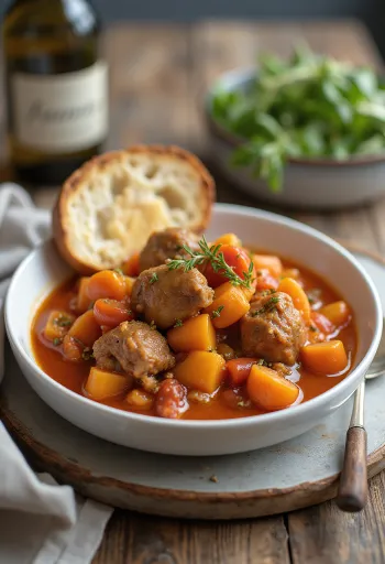 Callos cu morcovi, servit cu carne de porc și legume pe o farfurie