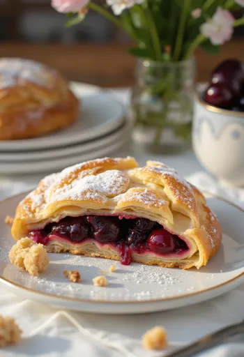 Plăcintă cu cireșe servită