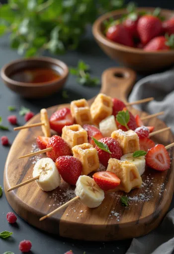 Frigărui de vafe servite cu căpșuni proaspete, banane și struguri