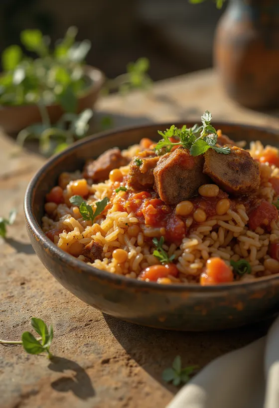 Koshari cu carne afumată, mâncare egipteană din orez, linte și macaroane, în sos bogat de roșii