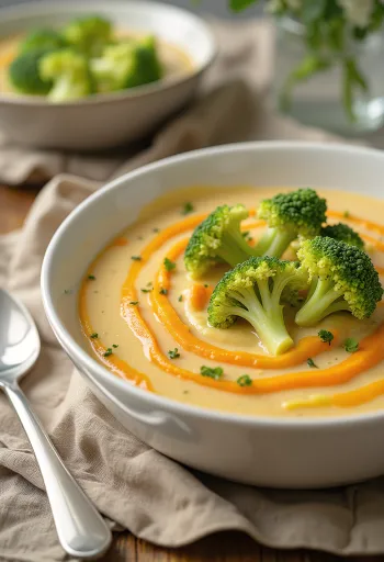 Supă cremă de broccoli cu morcovi servită