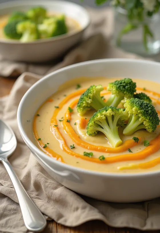 Supă cremă de broccoli cu morcovi servită