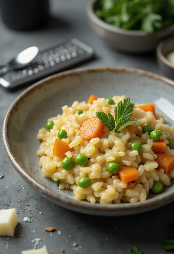 Risotto cu legume servit cu pătrunjel proaspăt