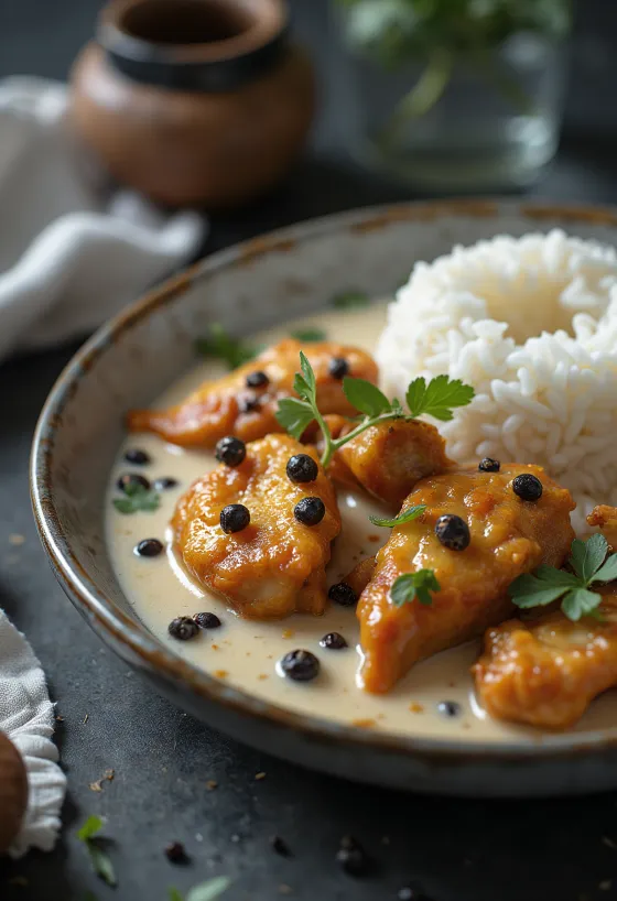 Pui Adobo cu cocos, în lapte de cocos bogat și cremos, cu condimente
