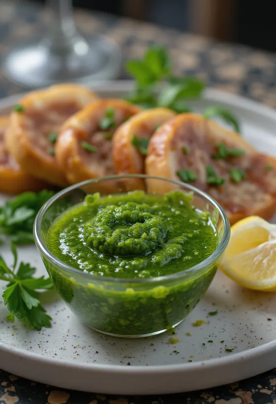 Sos chimichurri servit cu cărnuri la grătar