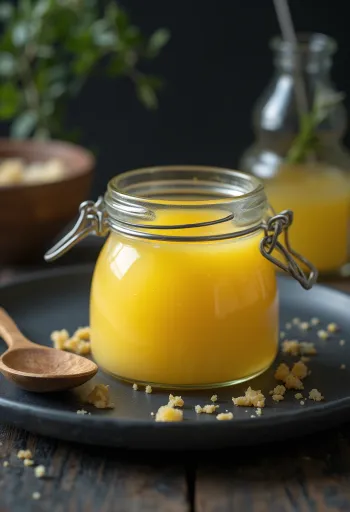 Ghee proaspăt din lapte de bivoliță, lichid auriu curat într-un vas de sticlă