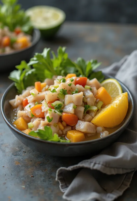 Ceviche Costarricense servit cu suc de limetă și avocado