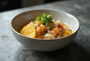 Ceviche Costarricense servit cu suc de limetă și avocado