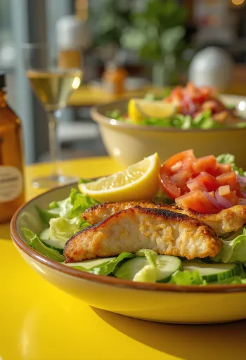Salată proaspătă cu pui, legume crocante și piept de pui la grătar, cu dressing balsamic.