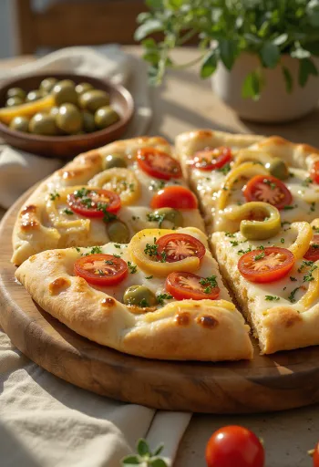 Focaccia mediteraneană cu legume servită pe tocător