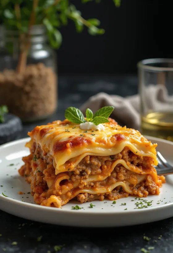 Lasagne italiană stratificată cu carne tocată suculentă în sos de roșii și bechamel cremos