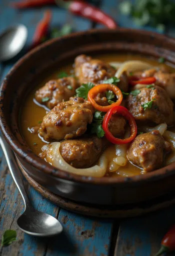 Adobo cu lapte de cocos, mâncare bogată, condimentată servită cu orez și coriandru