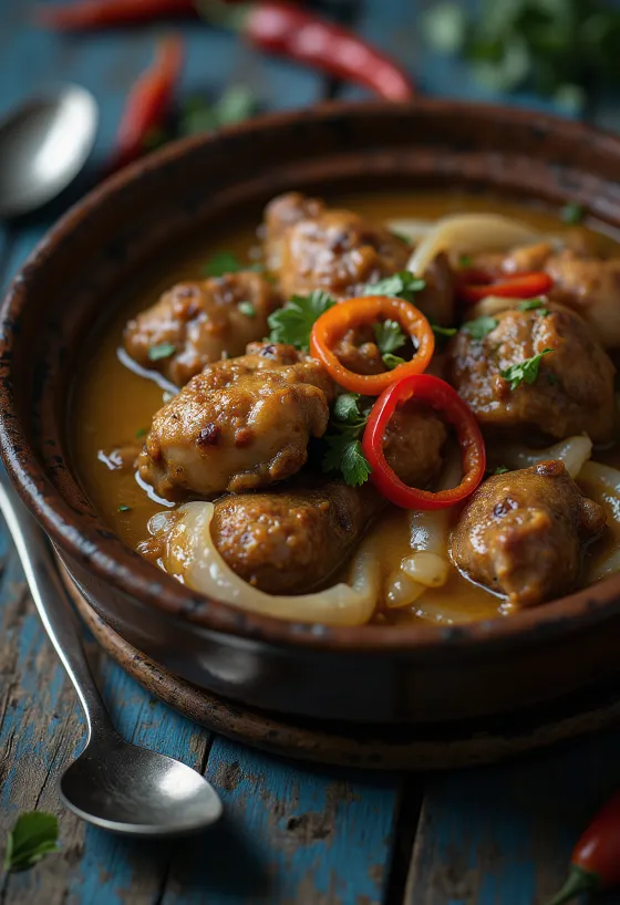 Adobo cu lapte de cocos, mâncare bogată, condimentată servită cu orez și coriandru