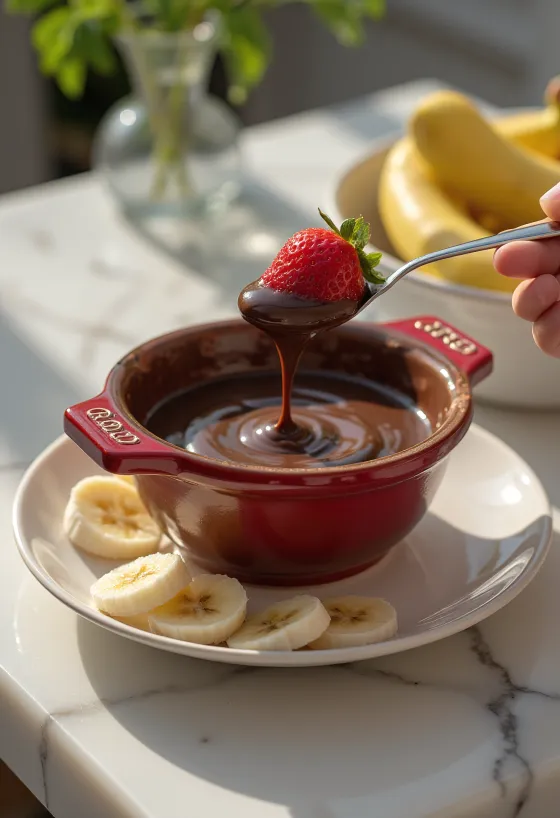 Fondue de ciocolată fierbinte servit cu fructe și bucăți de pișcoturi.