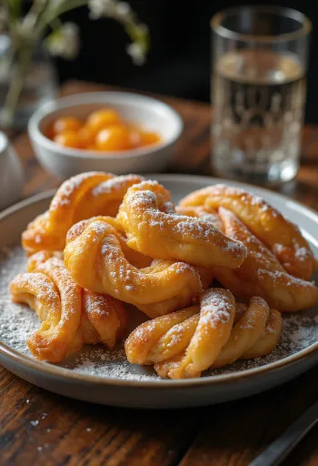 Minciunele presărate cu zahăr pudră, servite cu gem