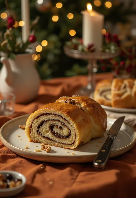 Felii de beigli cu nucă proaspăt coapte.