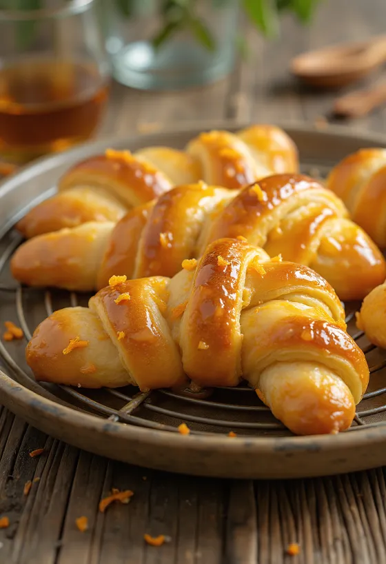 Koeksister cu glazură de portocale, cu aluat proaspăt prăjit și acoperit cu sirop de portocale