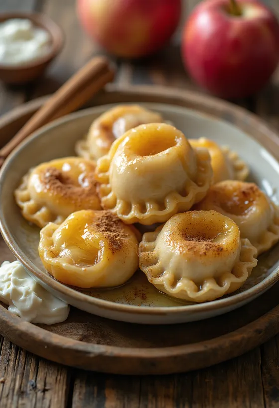 Pierogi polonezi cu mere și scorțișoară serviți cu zahăr pudră și smântână