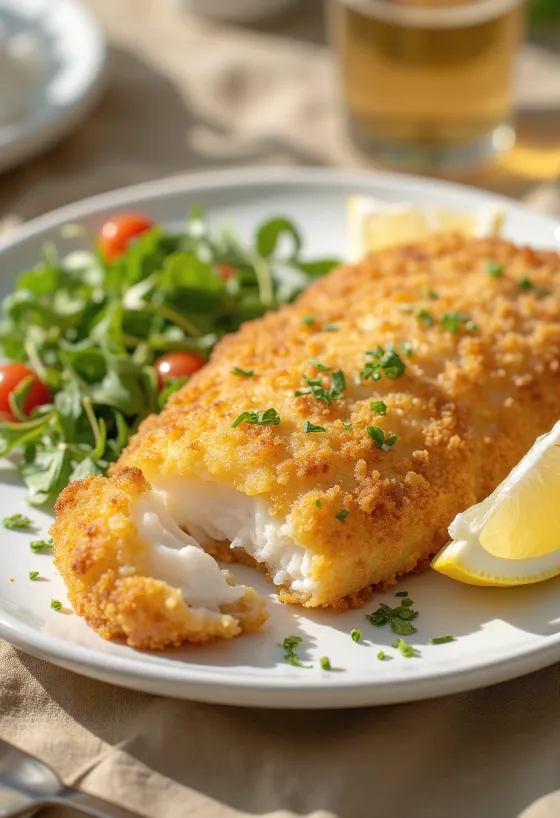 File de pește pane crocant prăjit auriu, servit cu rondele proaspete de lămâie și legume.