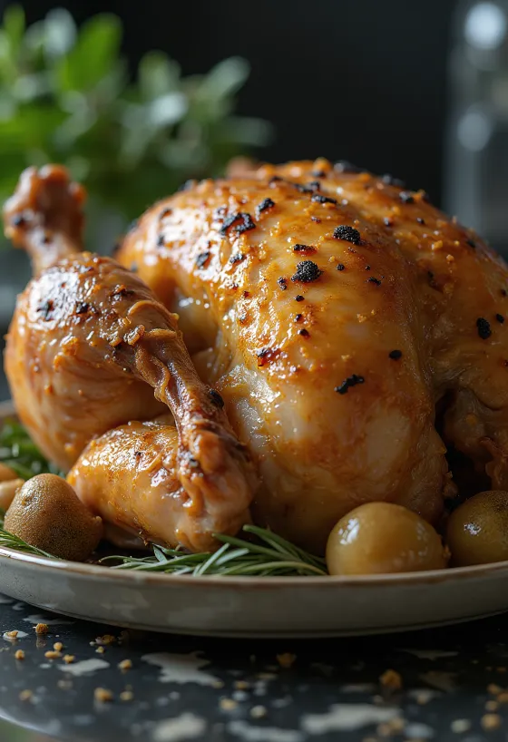 Roast capon with truffle butter servit cu legume la cuptor
