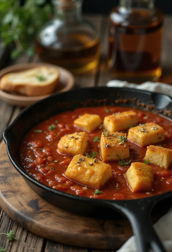 Tofu prăjit cu sos de roșii condimentat servit