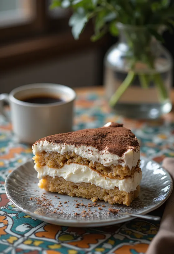 Tort tiramisu cremos cu pișcoturi stratificate cu cafea și cremă mascarpone, presărat cu pudră de cacao.