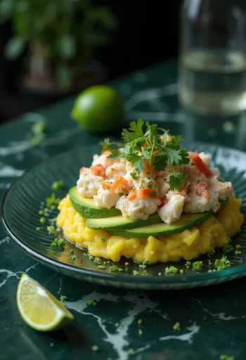 Causa de cangrejo, servit cu cartofi cremoși și raci, decorat cu coriandru proaspăt
