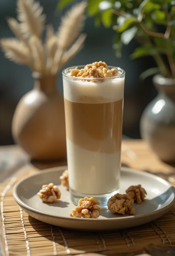 Latte cremos cu nuci în ceașcă, cu bucăți de nucă