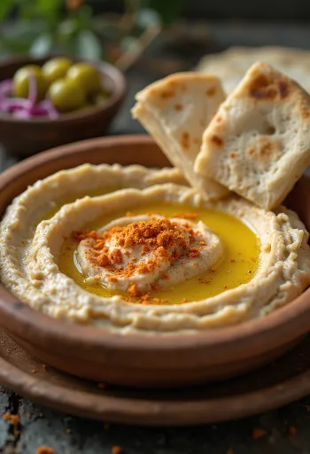 Hummus cu textură mătăsoasă, stropit cu ulei de măsline, servit cu lipie