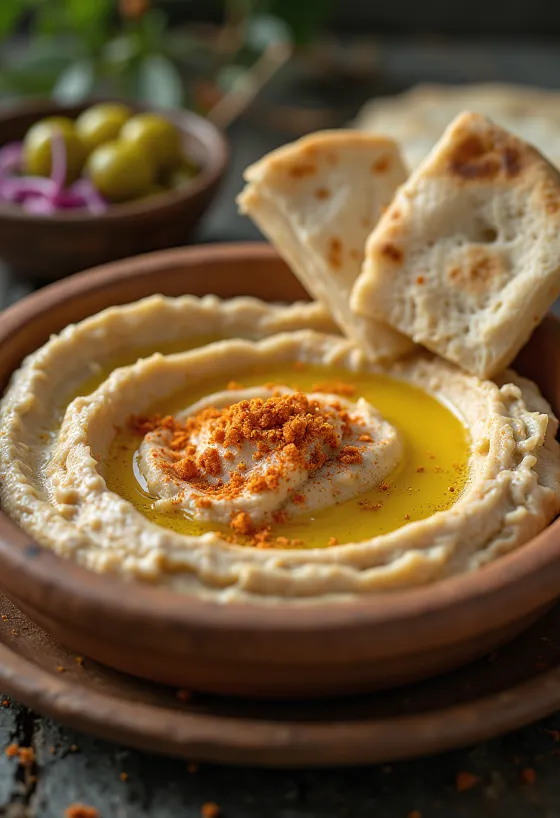 Hummus cu textură mătăsoasă, stropit cu ulei de măsline, servit cu lipie