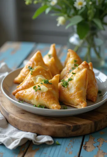 Samosa cu leurdă și brânză servită pe platou