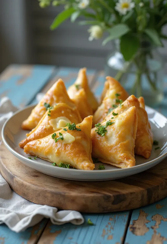 Samosa cu leurdă și brânză servită pe platou