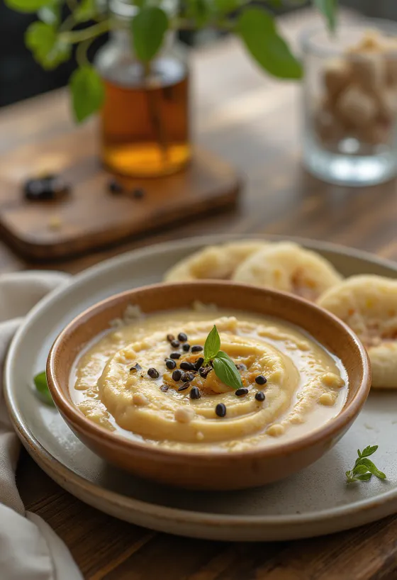 Peanut chutney, decorat cu arahide, fulgi de cocos și coriandru proaspăt