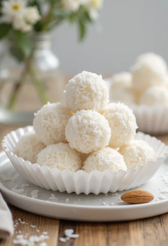 Bomboane Raffaello de casă tăvălite în nucă de cocos